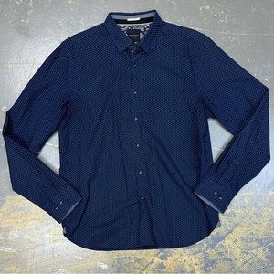 Denim & Flower Button Down Long Sleeve Shirt Large Navy Blue Polka Dots